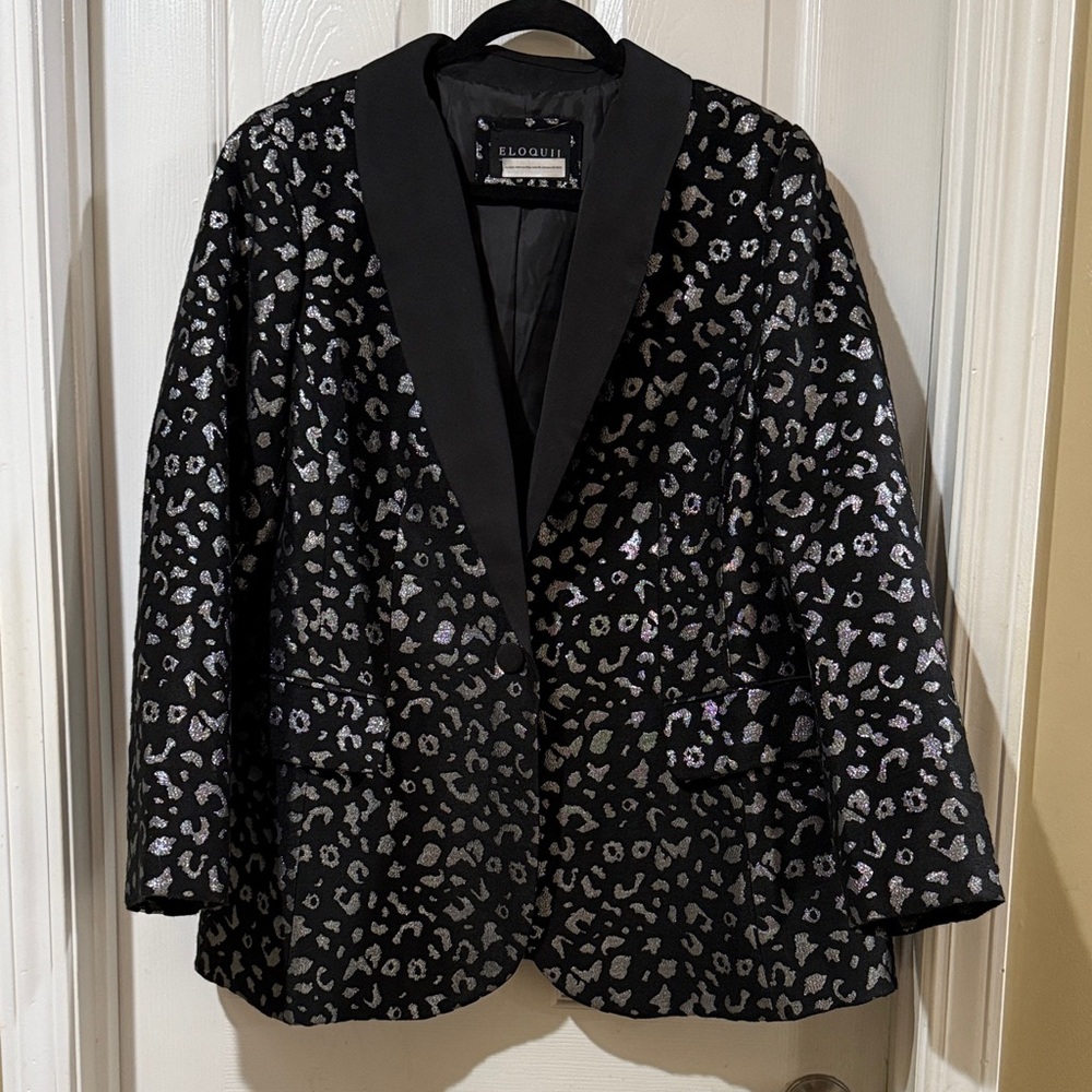 New With Tag Eloquii Black and Silver Leopard Blazer, Size 18